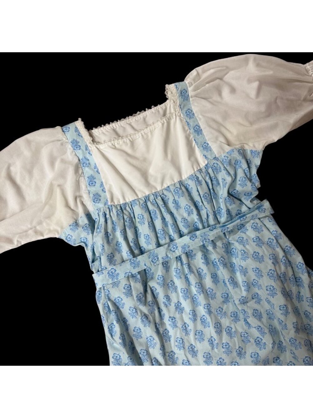 Vintage Handmade Blue Floral Prairie Dress Puff Sleeves Belt Cottagecore Hippie - Picture 1 of 4